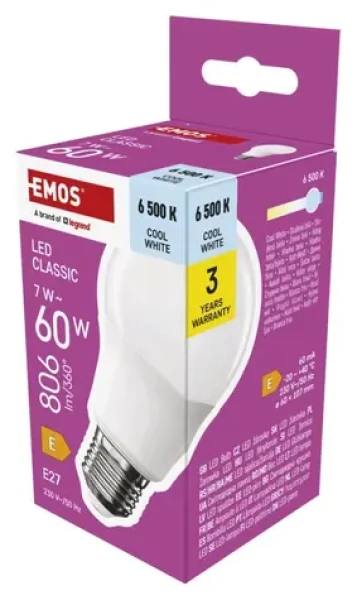 Emos LED žiarovka Classic A60 7W / 60W E27 / studená biela / 806 lm (1525733121)