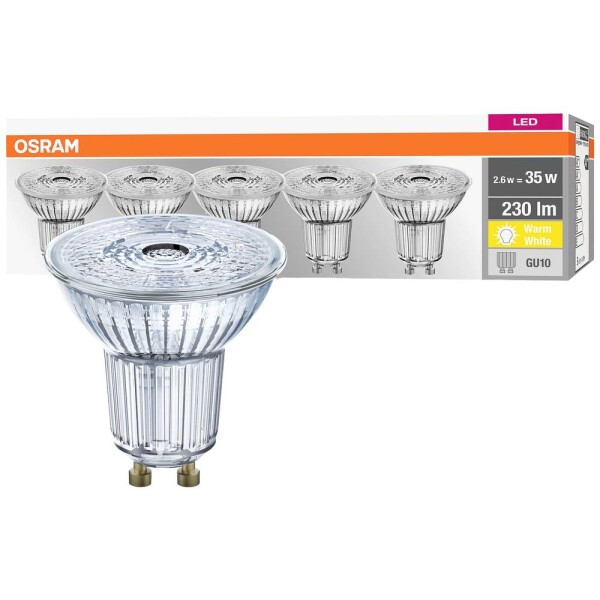 OSRAM HOMELIGHTING 4058075157941 LED En.trieda 2021 F (A - G) GU10 klasická žiarovka 2.6 W = 35 W teplá biela (Ø x v) 50 mm x 50 mm 5 ks; 4058075157941