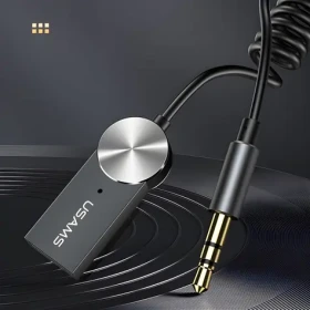 USAMS SJ464 sivá / Bluetooth audio adaptér / do auta / BT 5.0 / 3,5 mm AUX / USB napájanie (SJ464JSQ01)