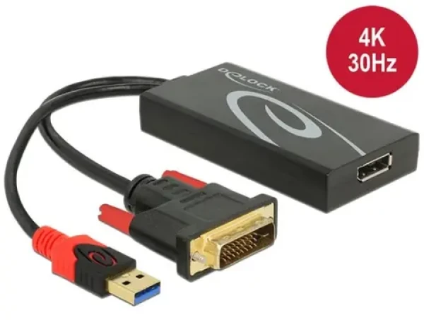 DeLock Kábel DVI-D + USB (M) na DisplayPort 1.2 (F) čierna / 0,3 m / 4K 3840×2160 / HDCP (62596)