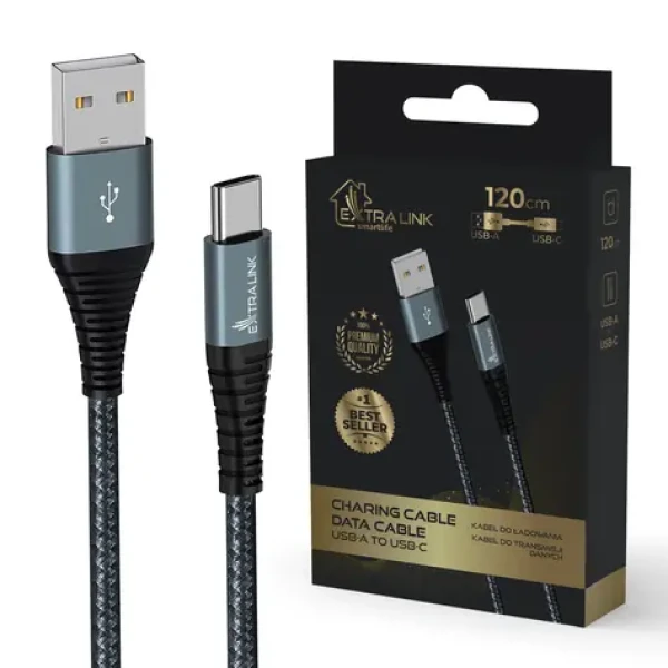 Extralink SMART Life čierny / Nabíjací a dátový kábel / USB-A - USB-C / 120cm / 15W (CABESL08)