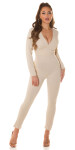 Sexy longsleeve Jumpsuit with V-Neckline BEIGE XL