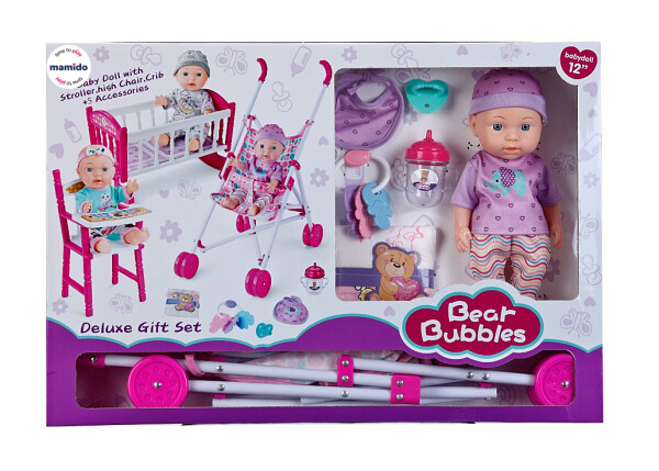 Mamido Mamido Bábika bábätko s kočíkom, kolískou, stoličkou na kŕmenie a doplnkami MT1632