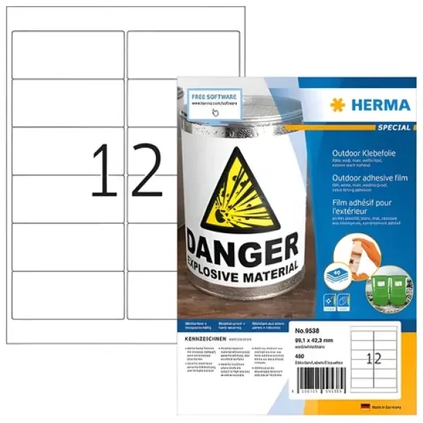 Herma Outdoor etikety A4 biele / Etikety / vodeodolné / matné / 99,1x42,3 mm / 480 ks (9538)
