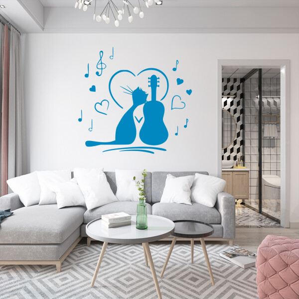 Veselá Stena Samolepka Mačička milujúca hudbu Farba: modrá, Veľkosť: 100 x 93 cm