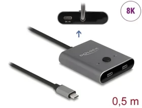DeLock USB-C Switch 2:1 šedá / Prepínač / bidirekcionálne / 10 Gbps / 8K 144Hz / PD 100W (11500)