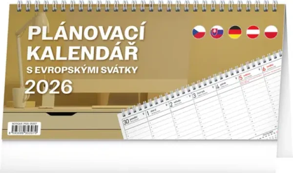 NOTIQUE Stolový kalendár Plánovacie s európskymi sviatkami 2026, 25 x 12,5 cm (PGS-35307)