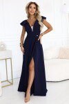 660-1 Elegantné maxi šaty s volánmi, hlbokým výstrihom a rozparkom na nohách - tmavomodré XL