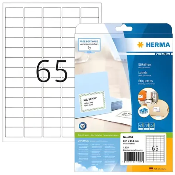 Herma Adresné etikety Premium 38,1x21,2 mm biele / Etikety / A4 / papier / 1625 ks / 25 listov (4504)