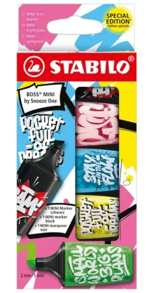 STABILO® BOSS MINI by Snooze One - Zvýrazňovače a popisovač - 5 ks sada - ružová, modrá, žltá, zelená a čierna (SB-07-05-30-10)
