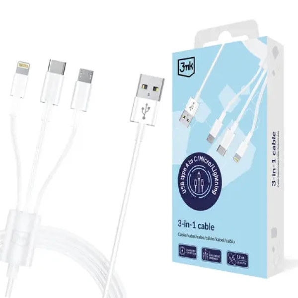 3mk Cable 3in1 biely / Kábel / 3v1 USB-A - Lightning/USB-C/microUSB / 1,2 m / 15 W