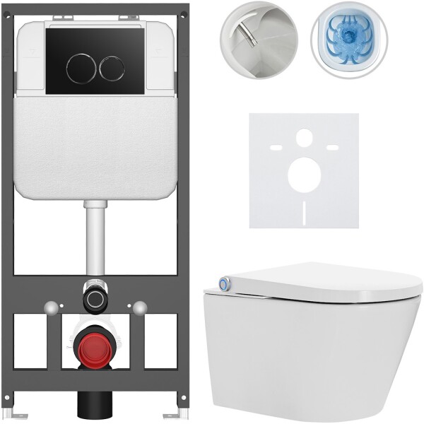CERANO - Závesné WC s bidetom Basic/Cronus Standard - biela lesklá - WC tlačidlo Dualo/Čierna - závesné - predstenová inštalácia - 59,3x38,4 CER-8050BD86428