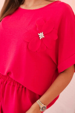 Dámsky viskózový set s ozdobným kvetom a širokými nohavicami - fuchsiová UNI