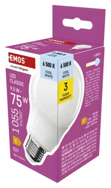 Emos Classic A60 9,5W studená biela / LED žiarovka / 75W E27 / 1055 lm / 6500K (1525733122)
