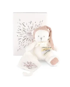 Doudou Darčeková sada Plyšový medvedík s úchytom na cumlík a dečkou ružový 20 cm