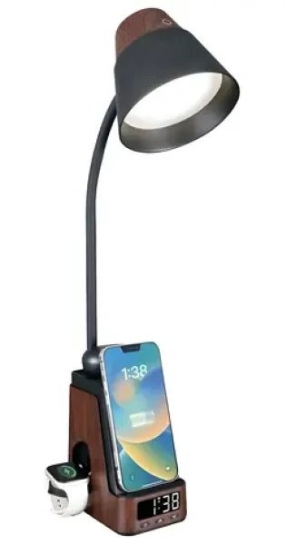 Immax Ideal tmavé drevo, čierna / Stolová lampička / Qi nabíjanie / CCT / 8W / 800lm / budík s hodinami (08999L)