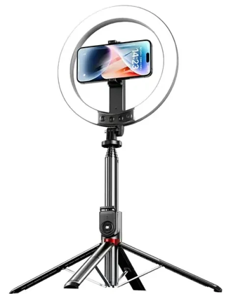 USAMS ZB323 čierna / Držiak telefónu s LED lampou / 10 "kruhové svetlo / 1200mAh / statív 230cm (ZB32301)