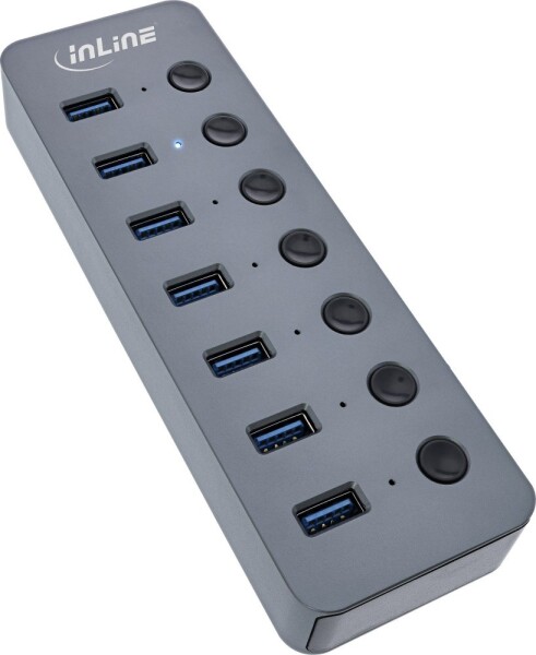 InLine InLine® USB 3.2 Gen.1 hub, 7-port, with switch, aluminium, grey, with power supply unit