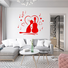 Veselá Stena Samolepka Mačička milujúca hudbu Farba: červená, Veľkosť: 100 x 93 cm