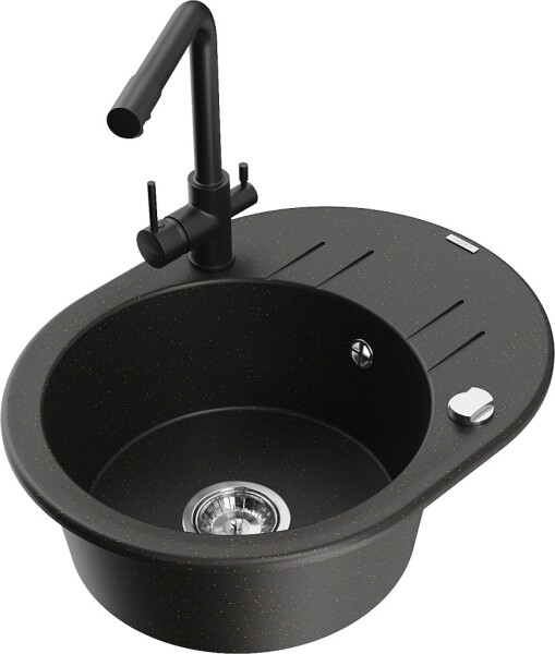 MEXEN/S MEXEN/S - Kevin granitový drez s odkvapkávačom vrátane batérie Duero, čierna/zlatá metalik 6517-75-671600-70