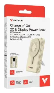 Verbatim Charge 'n' Go 2C zlatá / Powerbanka / 10000 mAh / Displej / USB-C / Bezdrôtové nabíjanie 15W (32274)