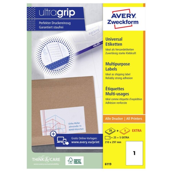 Avery-Zweckform 6119 210 x 297 mm papier biela 30 ks trvalé univerzálne etikety atrament, laser, kópie; 6119