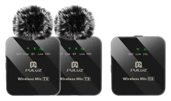 Puluz PU3154B / Bezdrôtový klopový mikrofón / 2 vysielače + 1 prijímač / Bluetooth / dosah 10 m (PU3154B)