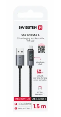 Swissten Kábel USB-A na USB-C s LCD displejom 1.5m čierna / 60W / USB-A (M) / USB-C (M) (71551072)