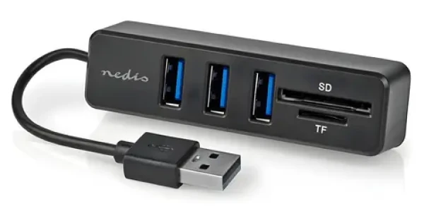 Nedis USB Hub 3 porty čierna / USB hub / 3x USB-A / Čítačka SD, microSD / Napájanie z USB (CCGB60250BK01)