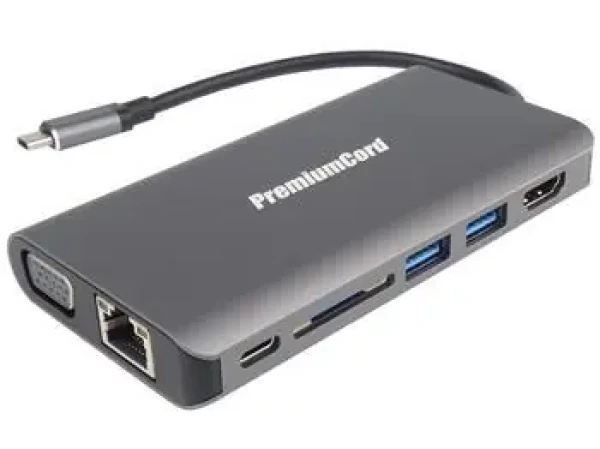 PremiumCord USB-C hub 8v1 / USB-C hub / HDMI / VGA / RJ45 / 2x USB 3.0 / SD / 3,5 mm audio / PD (8592220017743)