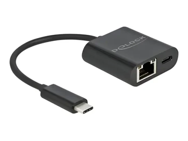 DeLock USB-C adaptér Gigabit LAN čierna / Adaptér / 10/100/1000 Mbps / USB PD 60W (66644)