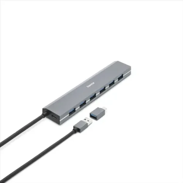 HAMA USB hub šedá / 7 portov / USB 3.2 / 5 Gb / s / USB-C adaptér / sieťový zdroj (200137)