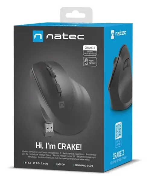 Natec Crake 2 čierna, pre pravákov / Bezdrôtová optická myš / Vertikálne / 2 400 DPI / USB + Bluetooth / 6 tlačidiel (NMY-2048)