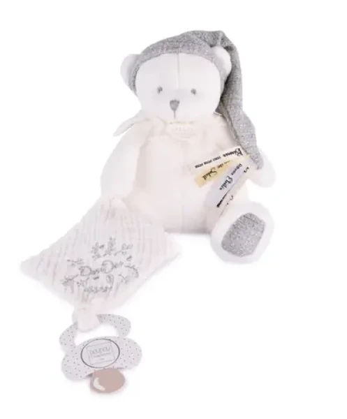 Doudou Darčeková sada Plyšový medvedík s úchytom na cumlík a dečkou šedý 20 cm