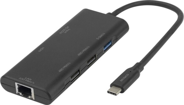 Deltaco USB-C prijungimo stotelė DELTACO, viena, 1x HDMI, 3x USB-A, RJ45 / USBC-HDMI31 / 1902571