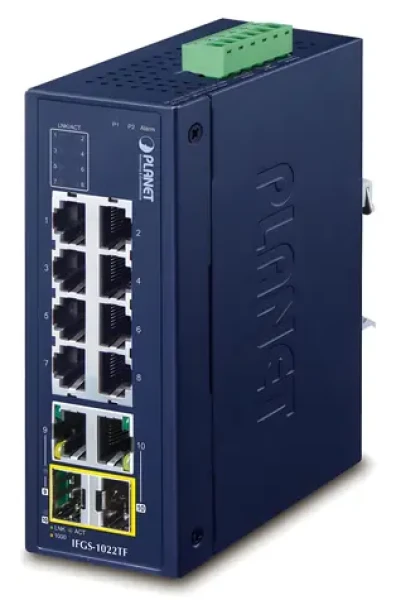 Planet IFGS-1022TF / Switch priemyselný / 8x 100Mb / 2x 1Gb SFP / -40 až 75 ° C / IP30 / Fanless (IFGS-1022TF)
