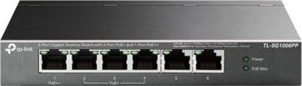 TP-Link Prepínač z 6 portami Gigabit, w tym 3 porty PoE+ i 1 port PoE++, model TL-SG1006PP, niesprzętowy, na biurko