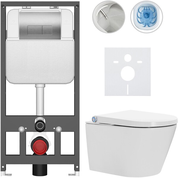 CERANO - Závesné WC s bidetom Basic/Cronus Standard - biela lesklá - WC tlačidlo Modulo/Strieborná - závesné - predstenová inštalácia - 59,3x38,4 CER-8050BD86463