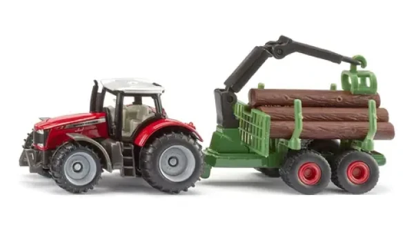 Siku Traktor Massey Ferguson s lesníckym prívesom a kládami