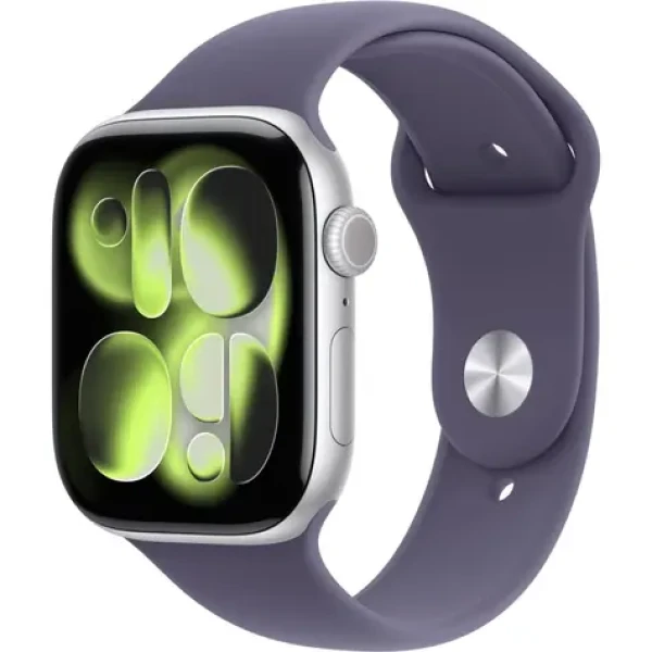 Apple Watch Series 11 GPS 46mm Strieborné hliníkové telo - Hmlovo fialový športový remienok S/M / 140-190 mm (MEV94MP/A)