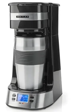 Nedis Butler čierna / Kávovar na prekvapkávanú kávu / 0.4 l / 1 šálka / časovač / cestovný hrnček (16100132)
