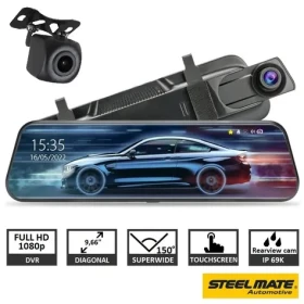 SteelMate M700 / Autokamera v spätnom zrkadle / 2 kanály / 9,66" dotykový displej / Full HD