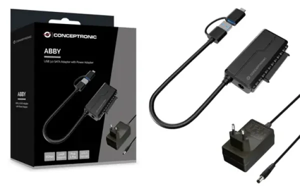Conceptronic adaptér USB-A/USB-C na SATA 22-pin čierna / Adaptér / USB 3.2 Gen 1 / 6 Gbit / s / UASP / do 10 TB (ABBY21B)