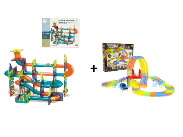 Mamido Mamido Výhodná sada Magnetická stavebnica guličková dráha 96 dielov + Svietiaca autodráha Variable 157 dielov