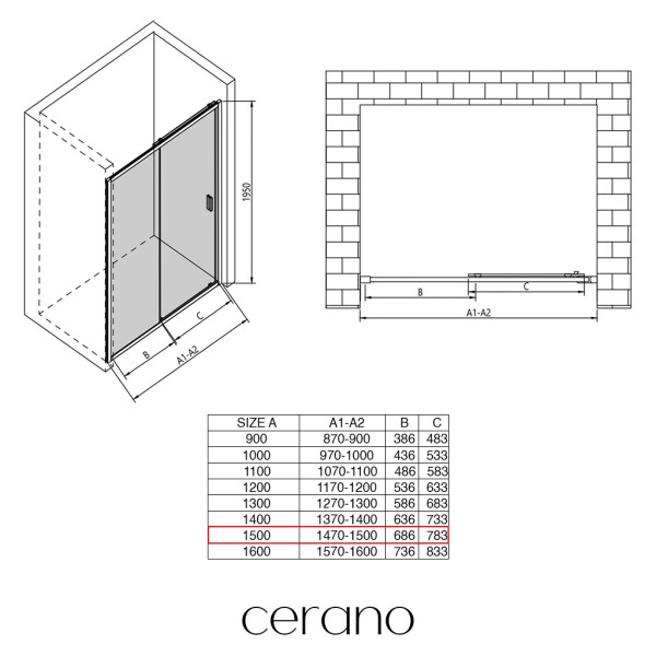 CERANO - Sprchové posuvné dvere Varone LINE Ľ/P - 6 mm - čierna matná, transparentné sklo - 150x195 CER-8050BD7555