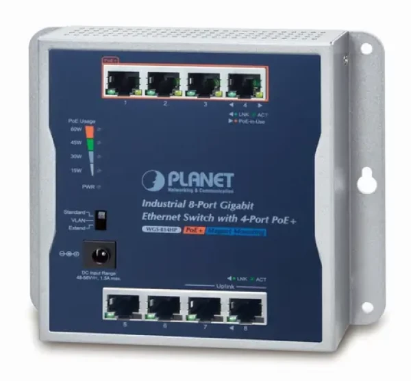 Planet Priemyselný PoE switch / Switch priemyselný / 8x 1Gb RJ45 / 4X PoE 30/60W / 48-56V / IP30 / -20/60 °C (WGS-814HP)