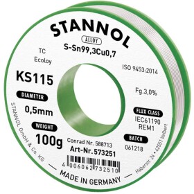 Stannol KS115 spájkovací cín bez olova cievka Sn99,3Cu0,7 ROM1 100 g 0.5 mm; 574002