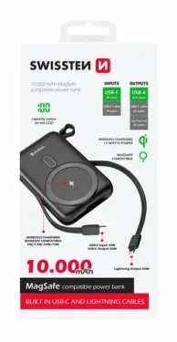 Swissten 22013933 POWER BANK 10000 mAh čierna / Power Bank / 22.5W / USB-C USB Lightning / Qi (22013933)