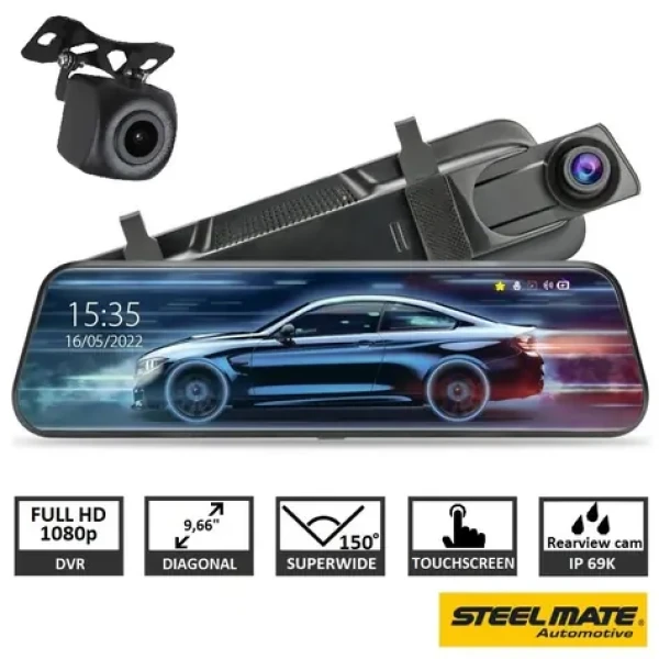SteelMate M700 / Autokamera v spätnom zrkadle / 2 kanály / 9,66" dotykový displej / Full HD