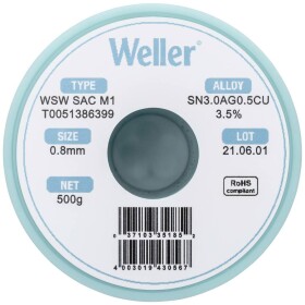 Weller WSW SAC M1 spájkovací cín bez olova cievka Sn3,0Ag0,5Cu 500 g 0.8 mm; T0051386399